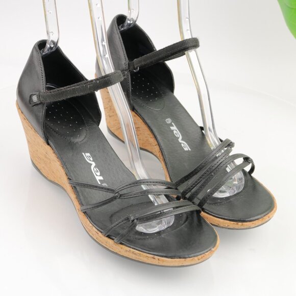 Teva Womens Riviera Sandals Size 11.5 Black Leather Strappy Cork Wedge Heel Shoe - Picture 2 of 12